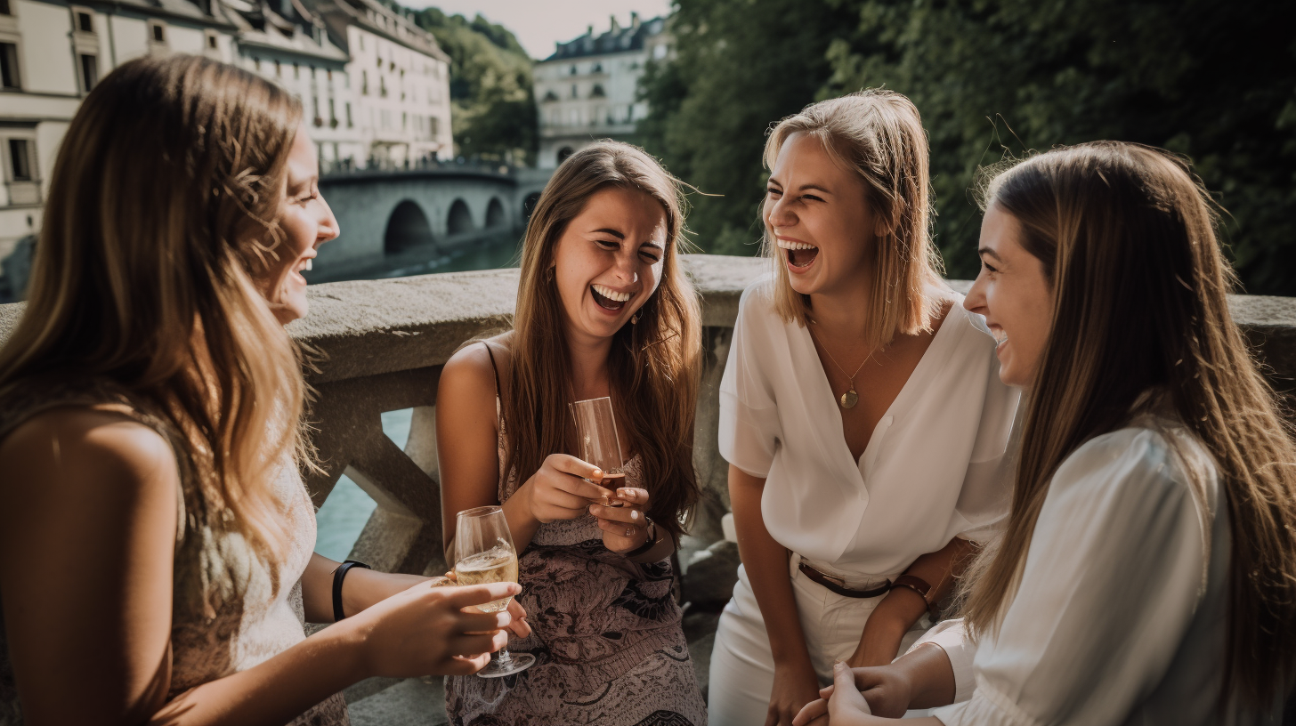 4 Frauen feiern einen Polterevent und trinken Prosecco und lachen.