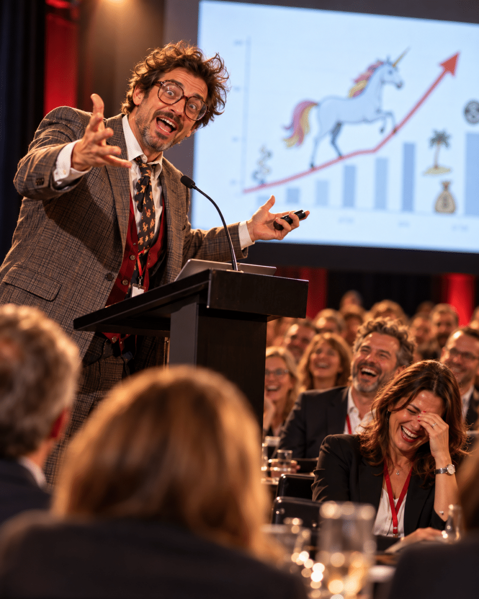 Schauspieler als Prof. Dr. Dominique Allwissend bringt das Tagungspublikum zum Lachen – Überraschungsgast von Stadt-Krimi